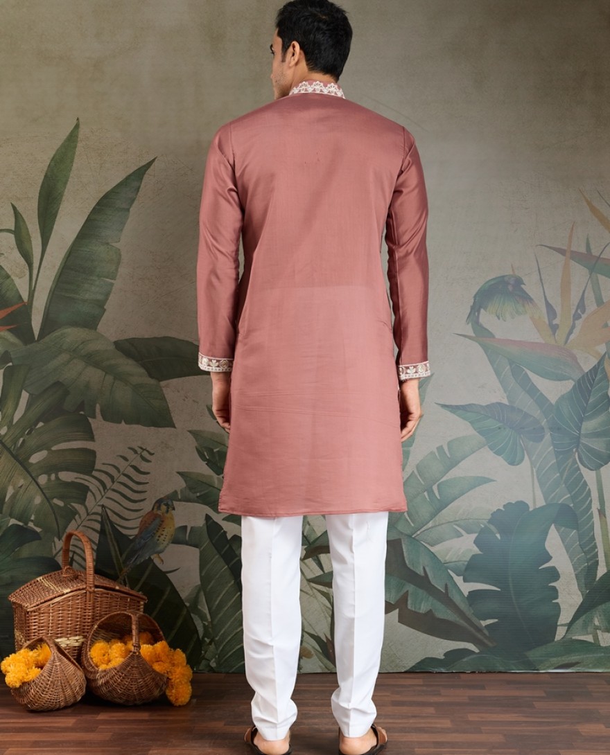 61324-pink - Pastel pink Thread & Sequence Hand Embroidered Men’s Kurta Set